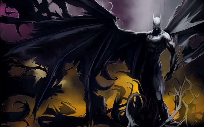 Batman with large dark wings in a dark environment