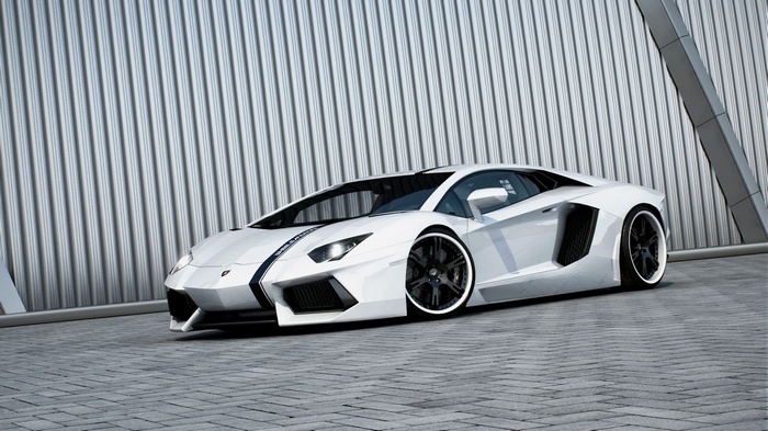 White Lamborghini Aventador with racing stripes