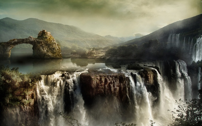 Fantasy landscape with a castle on a rock arch and waterfalls
