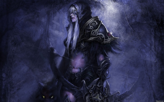 Sylvanas Windrunner with a bow in a dark forest