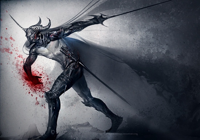 Fantasy warrior with armor and blood