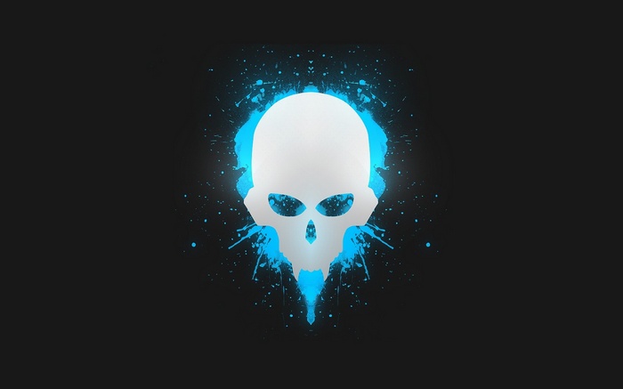 White skull with blue splashes on black background