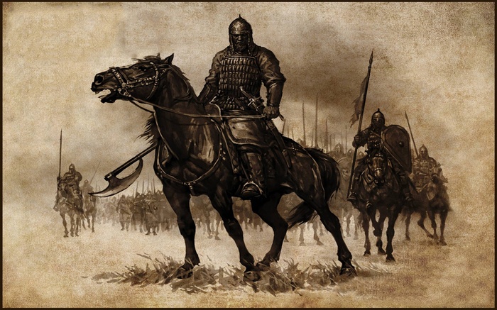 Warriors on horseback with axes and spears