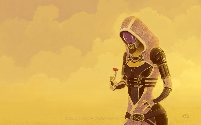 Tali'Zorah from Mass Effect holding a red flower