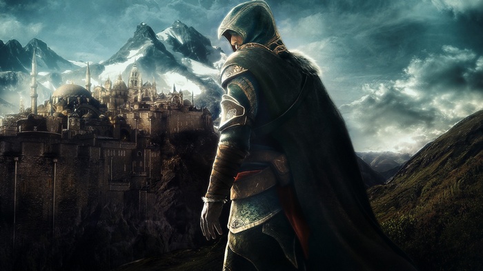 Assassin overlooking a fantasy city and mountains