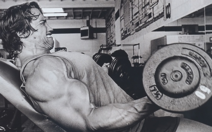 Arnold Schwarzenegger lifting weights in a gym