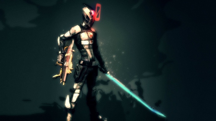 Zero from Borderlands 2 with a sword and gun