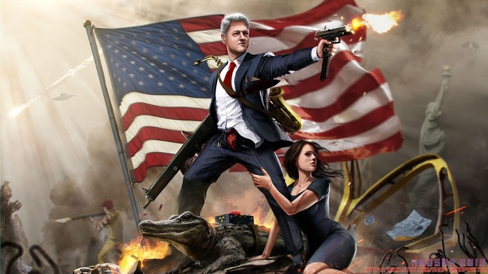 Bill Clinton and Ronald McDonald fighting with guns