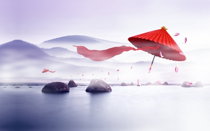 Red umbrella and red silk flying over misty mountains