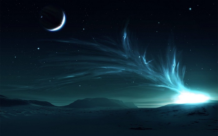 Space landscape with a crescent moon and nebula