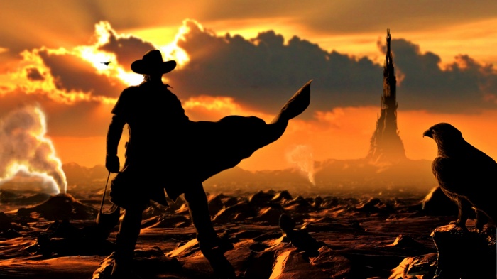 Roland of Gilead and the Dark Tower at sunset