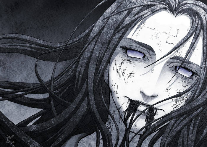 Close-up of a character with long dark hair and purple eyes