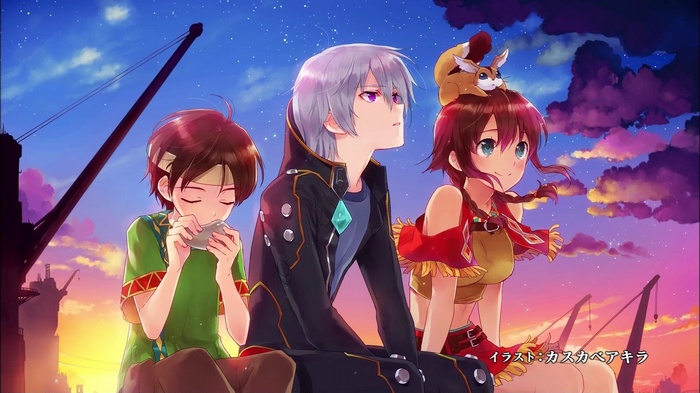 Suisei no Gargantia: Ledo, Amy, and a boy at sunset