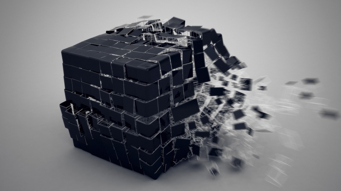 Shattered CGI cube with motion blur