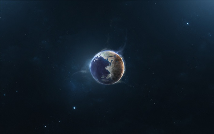 Earth in space with nebulae and stars