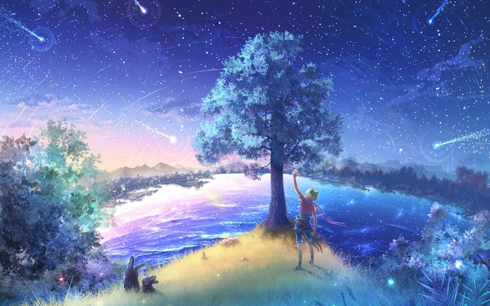 Anime girl reaching for shooting stars by a lake