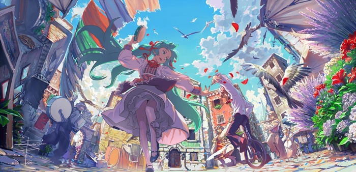 Anime girls dancing in a festival with birds and flowers