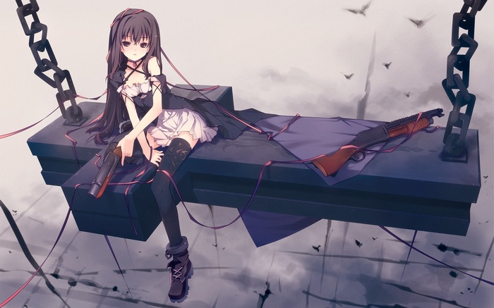 Anime girl with guns on a swing