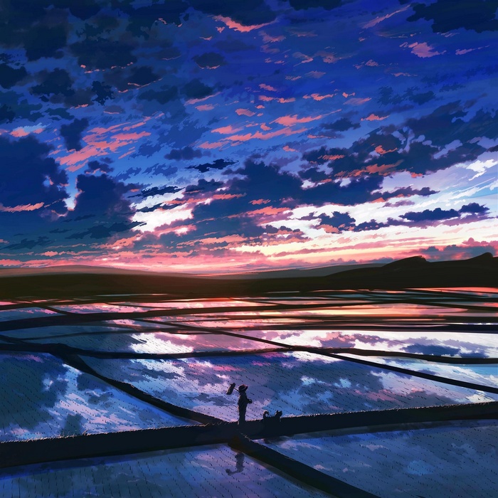 Anime sunset over flooded rice fields with a dog