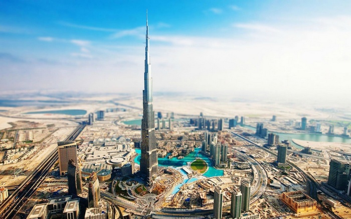 Burj Khalifa and Dubai cityscape with tilt-shift effect