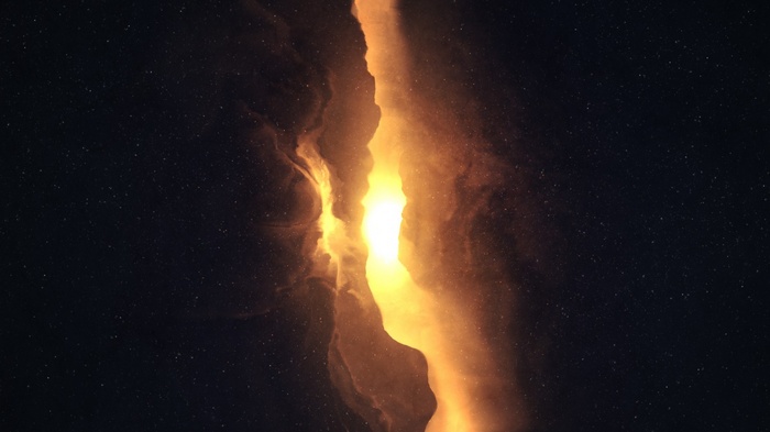 Orange nebula with stars in deep space