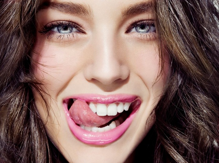 Emily DiDonato with tongue out and pink lips