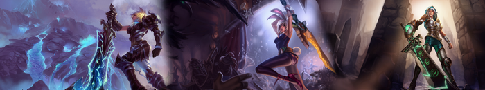 League of Legends characters collage with swords and armor