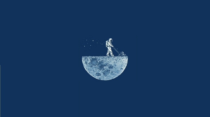 Astronaut mowing the Moon with stars
