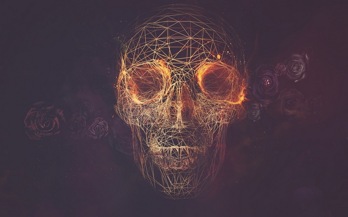 Wireframe skull with glowing eyes and roses