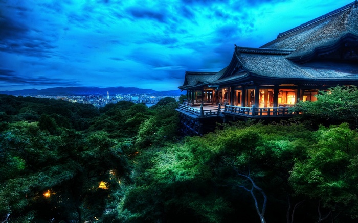 Japanese temple overlooking a city at dusk