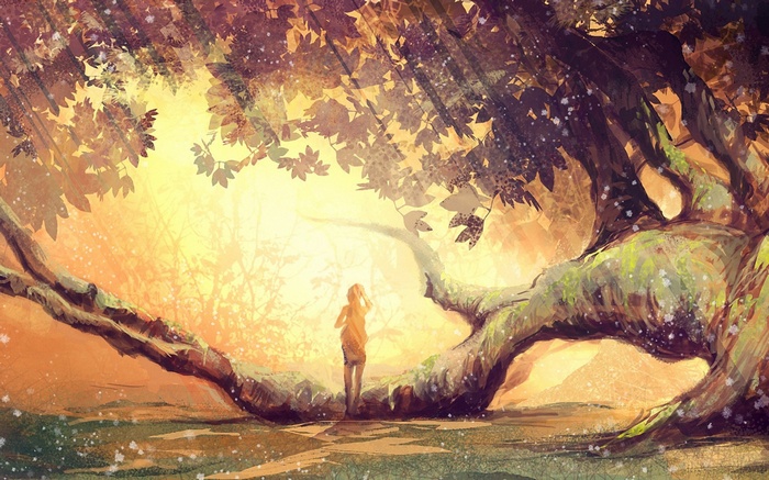 Anime girl standing under a large tree with sunlight