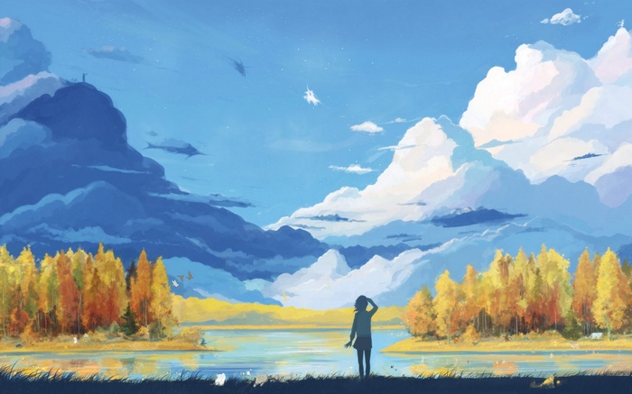 Anime landscape with a girl and fantastical clouds