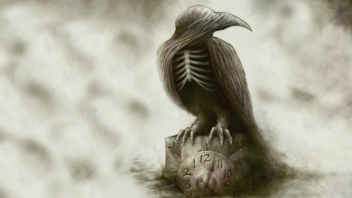 A skeletal bird sits on a clock