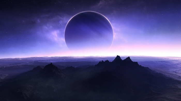 Digital art of a planet eclipsing a star over mountains