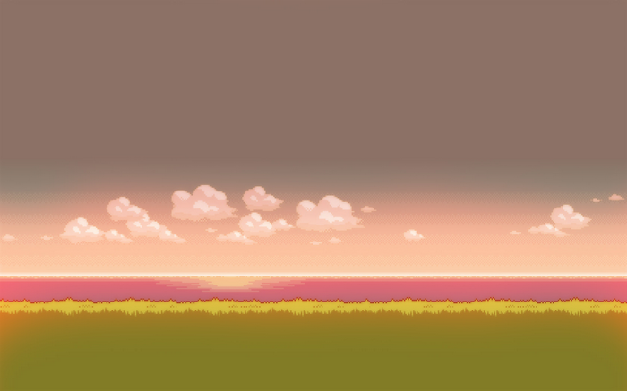 Pixel art landscape with clouds over water and grass