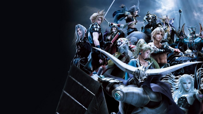 Final Fantasy characters gathered in a dark, dramatic scene