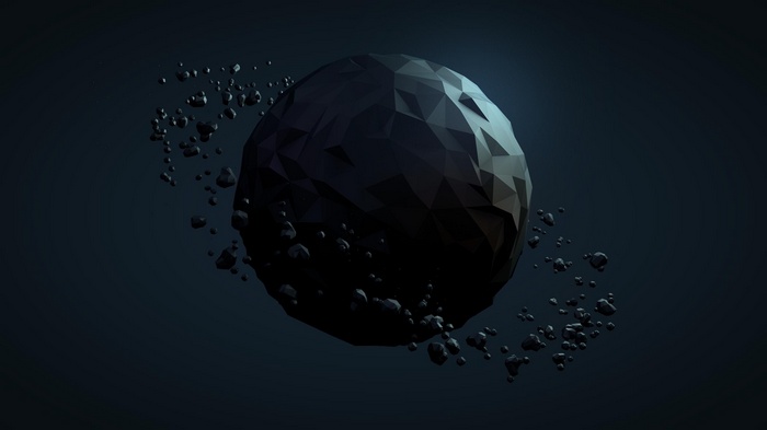 Low poly planet with asteroid belt in space