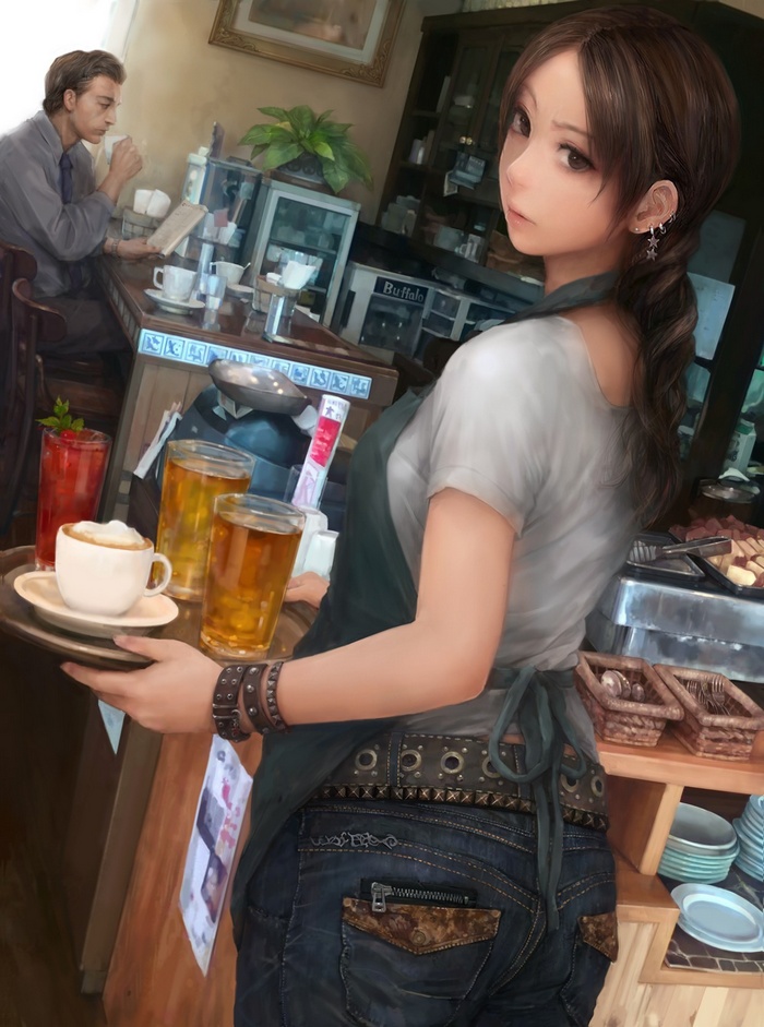 Anime girl barista serving drinks in a cafe