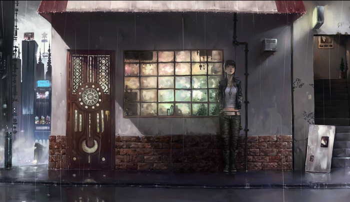 Anime girl standing in the rain outside a shop
