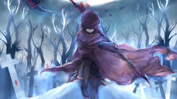 Ruby Rose with scythe in a graveyard