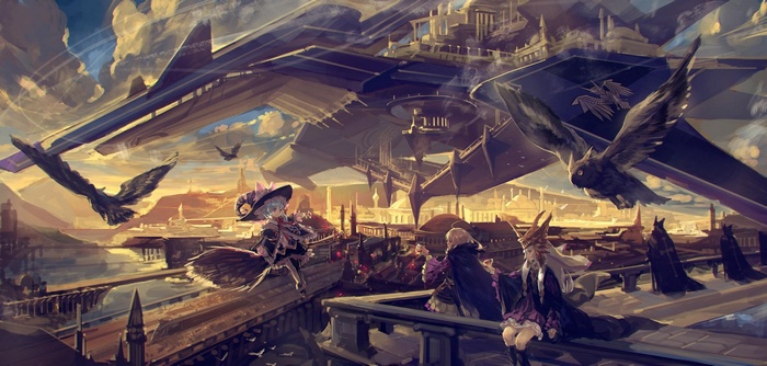 Anime girls and owls in a futuristic city