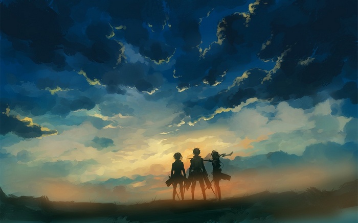 Three figures stand on a hill under a dramatic sky