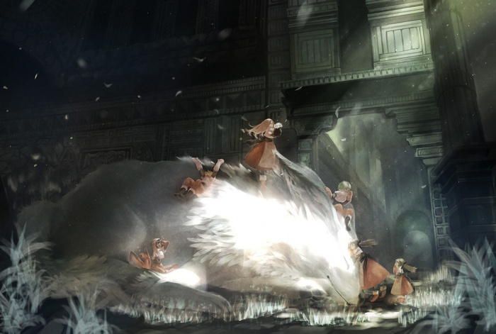 Anime girls interacting with a giant white creature in ruins