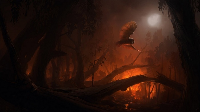 Owl flying over a burning forest at night