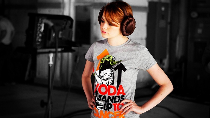 Emma Stone as Princess Leia with Star Wars T-shirt
