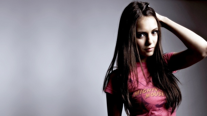 Nina Dobrev wearing a pink Mighty Mouse T-shirt