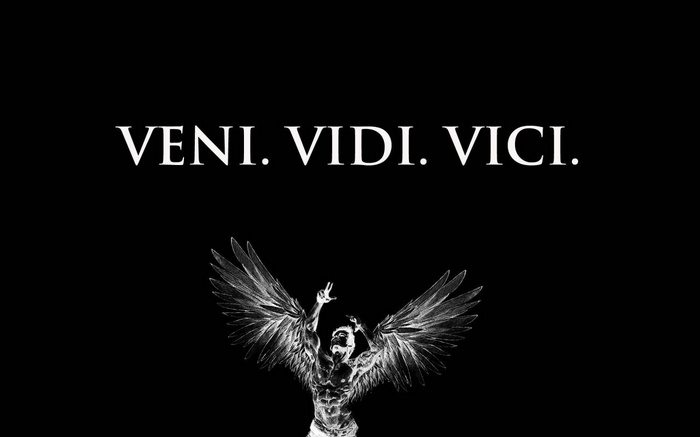 Zyzz Veni Vidi Vici monochrome angel typography black background Latin minimalism