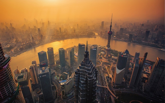 Shanghai cityscape at dusk with Oriental Pearl Tower