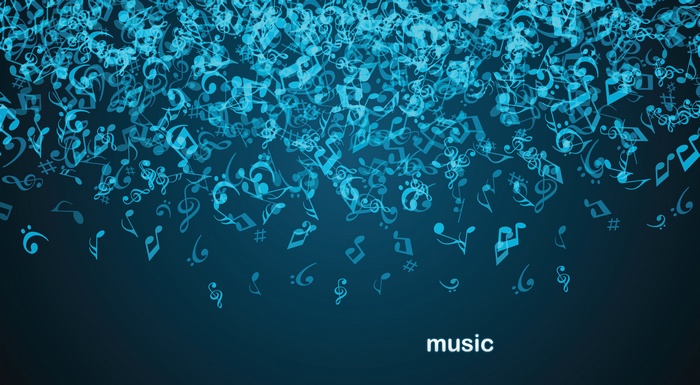 Blue musical notes falling on a dark background
