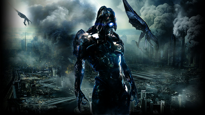 Mass Effect 3 Legion and Reapers in apocalyptic city